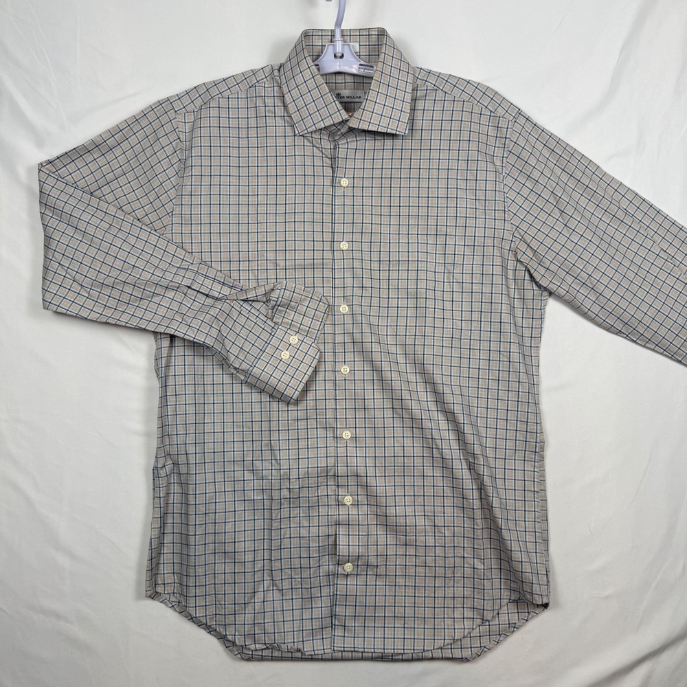 Peter Millar Mens Medium 100% Cotton Plaid Button Down Shirt Tan Blue Check